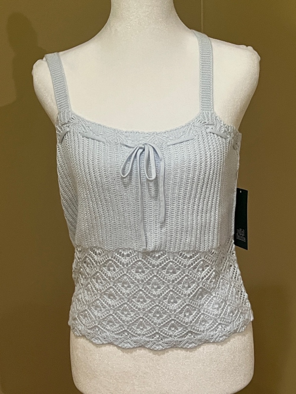 Crochet Light Blue Knit Tank Top with Lace Hem by Wild Fable